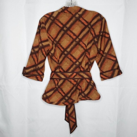 Vintage Silk Land Tie Dye Look Blouse Top S Brown Orange 3/4 Sleeve Belted Artsy - Picture 2 of 7